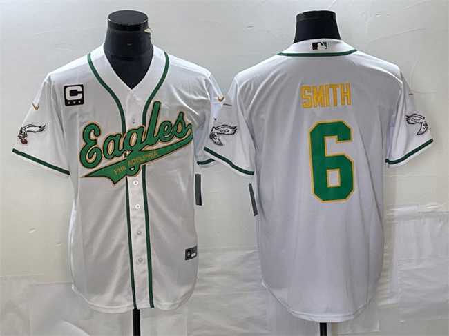 Mens Philadelphia Eagles #6 DeVonta Smith White Gold With C Patch Cool Base Stitched Baseball Jersey